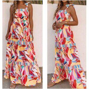 Colorful Stripe Floral Print Shoulder Tie Maxi Dress